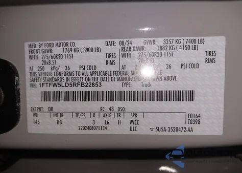 2024 Ford F-150 Lariat z USA, uszkodzony, nr VIN 1FTFW5LD5RFB22853